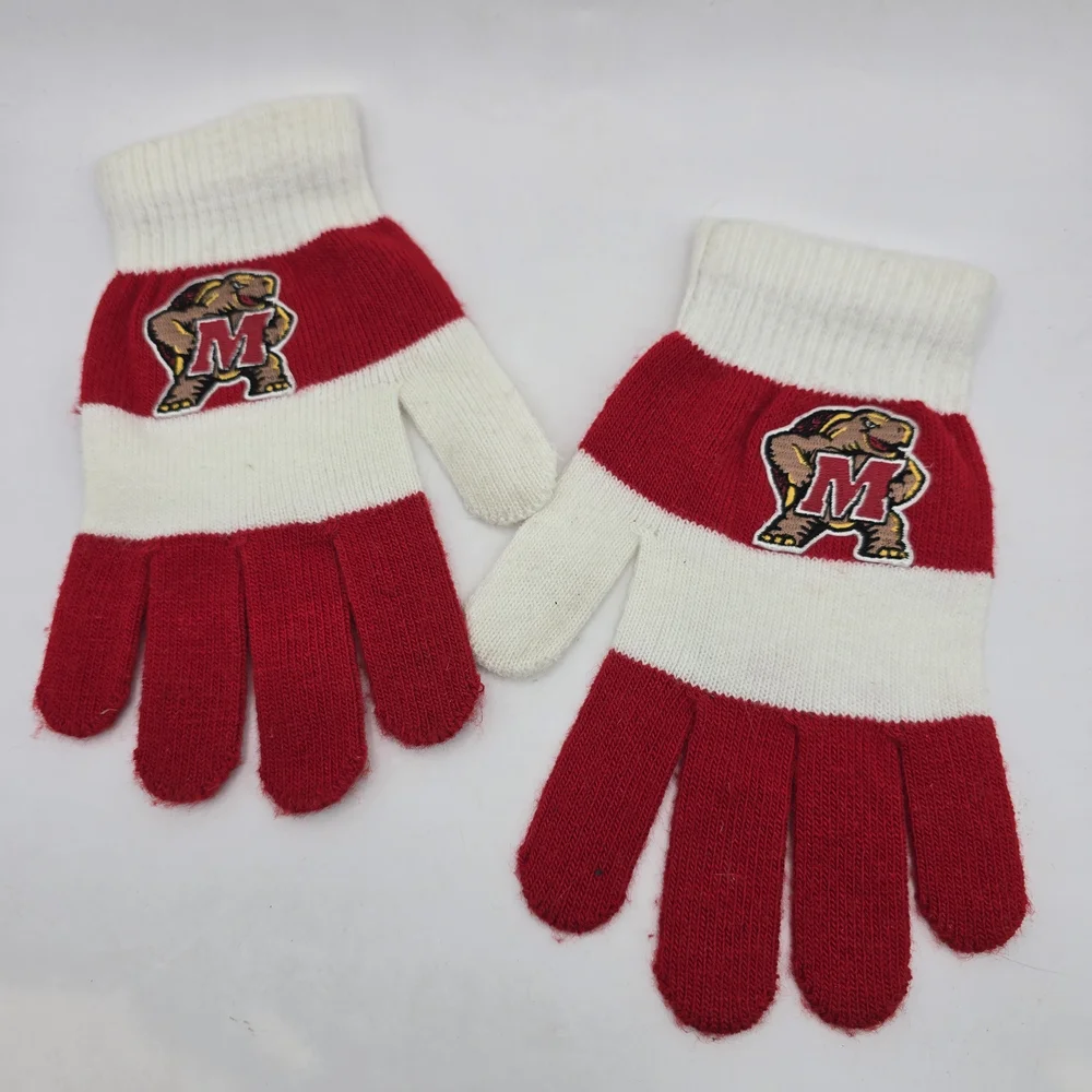 Kids Red and White Striped Knit Gloves withMaryland Terps Terrapin Mascot Patch